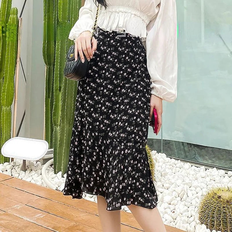 Floral Skirts for Women Midi Clothing Maxi Long Chiffon Flare Womens Skirt Fashion Chic and Elegant High Quality Aesthetic Trend