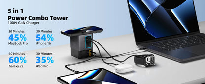 6-in-1 105W Charging Station with Retractable USB-C Cable Power Combo Tower for Multiple Devices Fast Charger for iPhone, Airpod