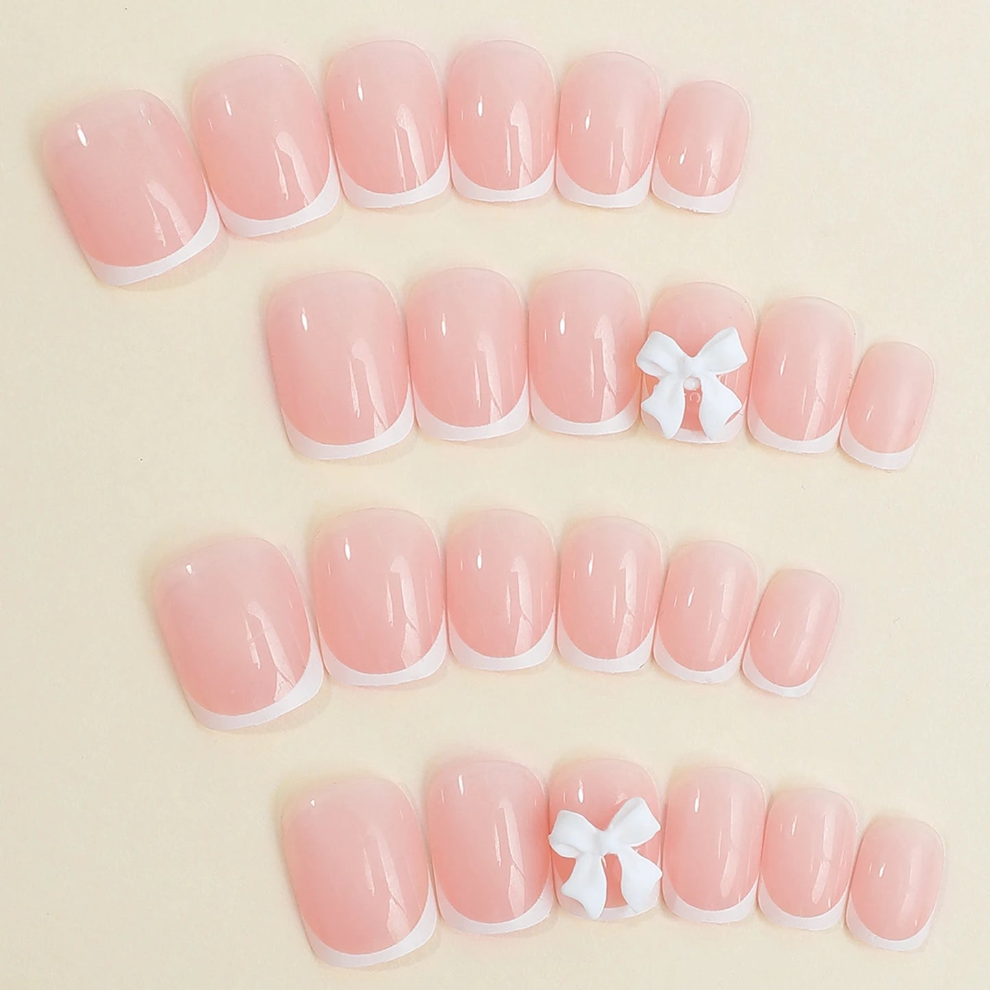 White French Short Press on Nails 3D Bowknot Designs Nude Color Fake Nails Artificial False Nails Tips for Woman DIY Manicure