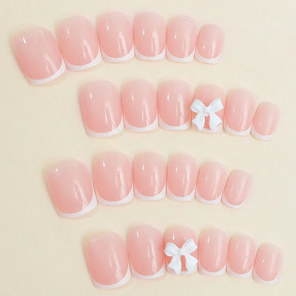 White French Short Press on Nails 3D Bowknot Designs Nude Color Fake Nails Artificial False Nails Tips for Woman DIY Manicure