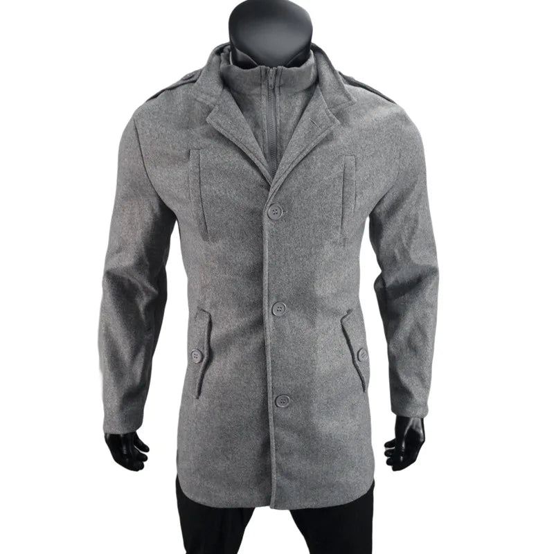 New Woolen Mens Coat Medium and Long Zipper Jacket Large Size Fake Two-piece Set Cardigan for Men