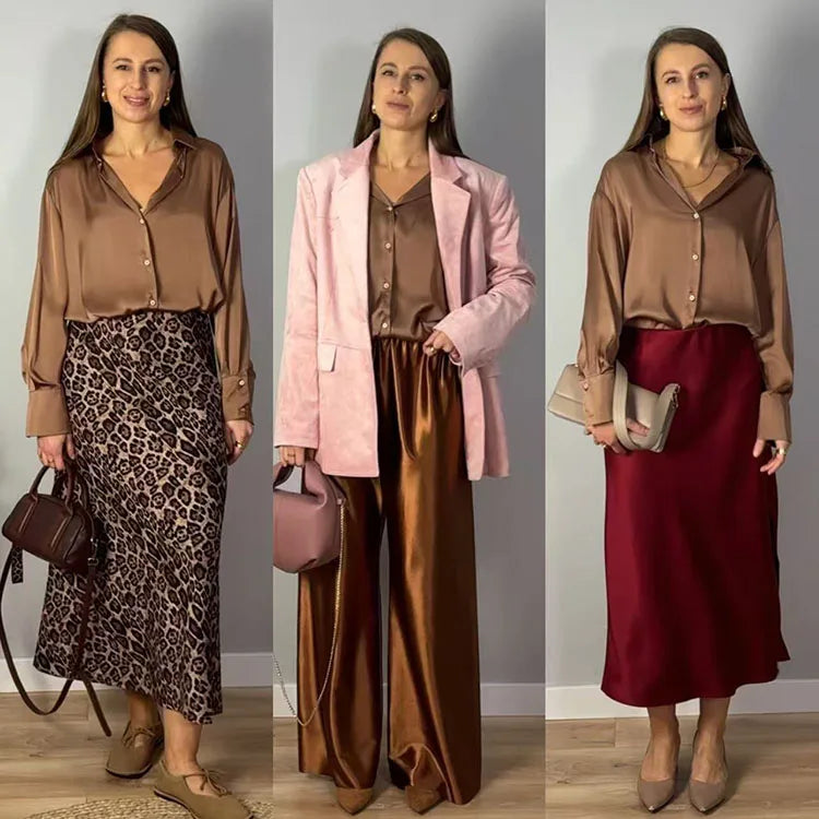 Office Wear Women Shirts Satin Blouse Luxury Pink Long Sleeve Formal Shirts Female Button Silk Tops For Women Elegant All-Match