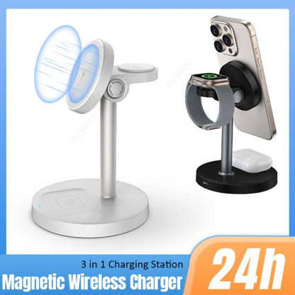 15W 3-in-1 Magnetic Wireless Charging Station For Magsafe iPhone 16 15 14 13 12 iWatch 10-2 SE AirPods Pro 4 Travel Fast Charger