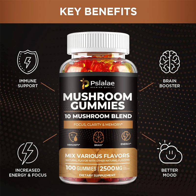 Mushroom Gummies - 10 Mushroom Blend, Nootropic Brain Booster for Focus, Memory, Clarity and Energy