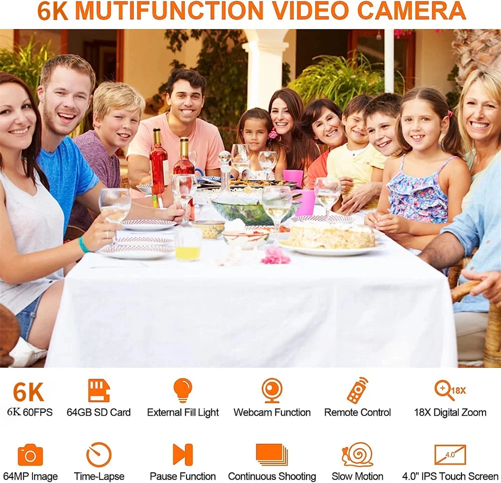 6K Ultra HD Professional Video Cameras for Photography 18X Digital Zoom YouTube Live Streaming Camcorders 64MP Vlogging Recorder