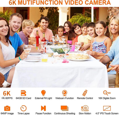 6K Ultra HD Professional Video Cameras for Photography 18X Digital Zoom YouTube Live Streaming Camcorders 64MP Vlogging Recorder