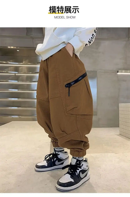 Boys Spring Autumn Children's Clothing Cargo Pants Children's Casual Large Size Sweatpants Boys Fashion Fake Zippers Cargo Pants