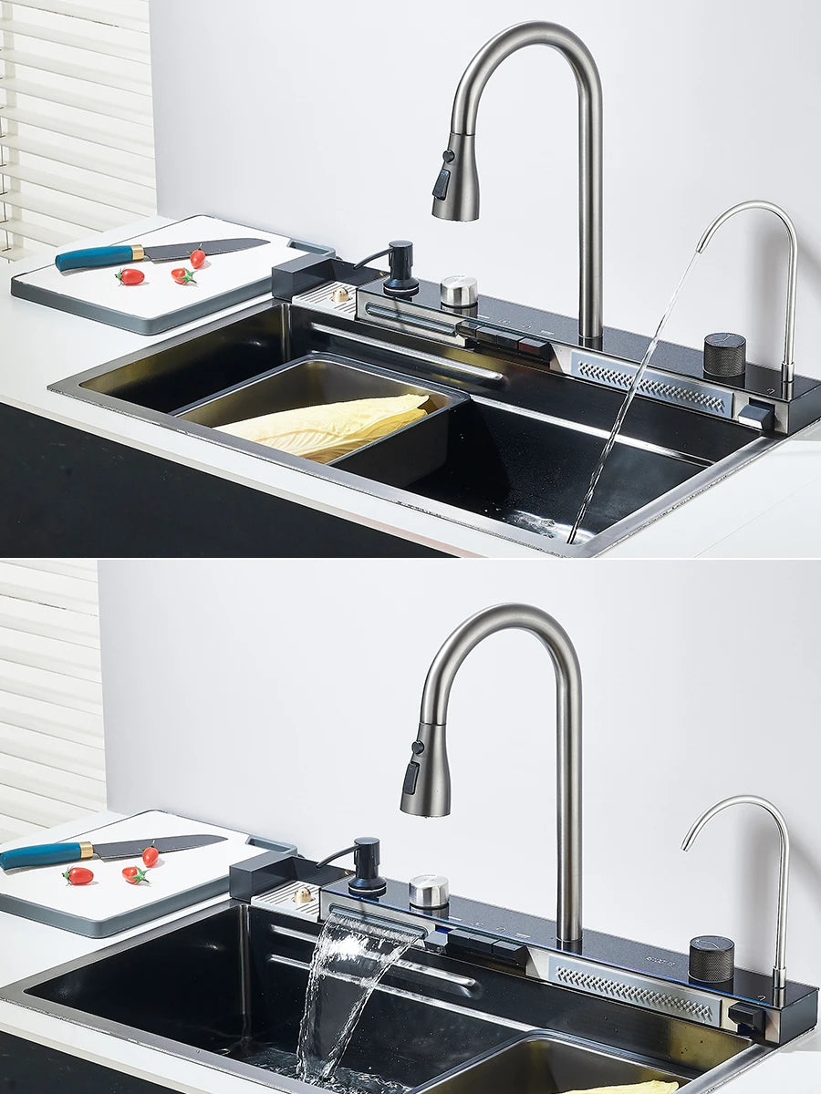 304 Stainless Steel Waterfall Kitchen Sink Large Single Slot Integrated Digital Display Faucet Set Soap Dispenser Cup Washer