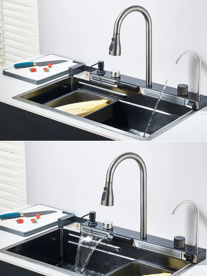 304 Stainless Steel Waterfall Kitchen Sink Large Single Slot Integrated Digital Display Faucet Set Soap Dispenser Cup Washer