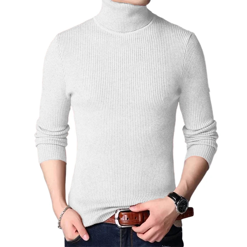 Streetwear Autumn Men's Long Sleeved Turtleneck Sweater Stripes Knitted Oversized Sweaters Homme Solid Color Basic Sweater Men
