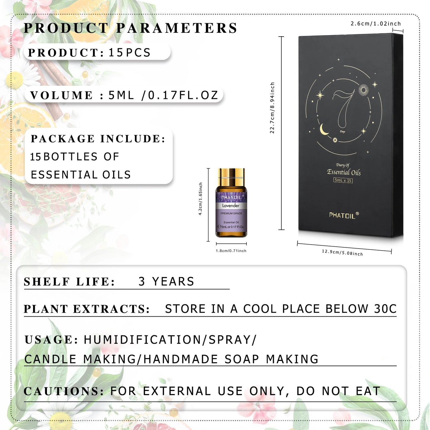 PHATOIL 15 Bottles Essential Oils Set-5ml Lavender Eucalyptus Vanilla Peppermint Rose Lemon Cinnamon Aromatherapy Essential Oils