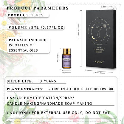 PHATOIL 15 Bottles Essential Oils Set-5ml Lavender Eucalyptus Vanilla Peppermint Rose Lemon Cinnamon Aromatherapy Essential Oils