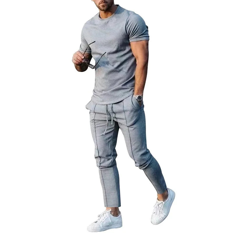 Sports Set Mens Fall 2023 Summer Solid Casual Round Neck Short Sleeve Sports T-shirt Two Piece Set for Men