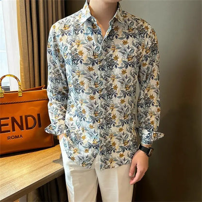Fashion Brand Handsome High-end Slim Long-sleeved Floral Shirt for Men's New Casual and Trendy Temperament