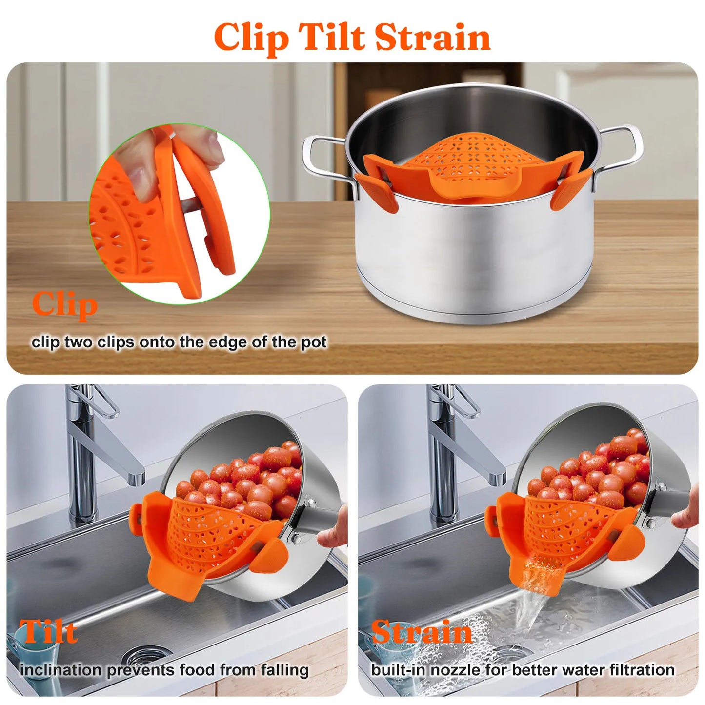 Universal Silicone Clip on Pan Pot Strainer Anti Spill Pasta Pot Strainer Food Grade Fruit Colander for Pasta Fruit Vegetable