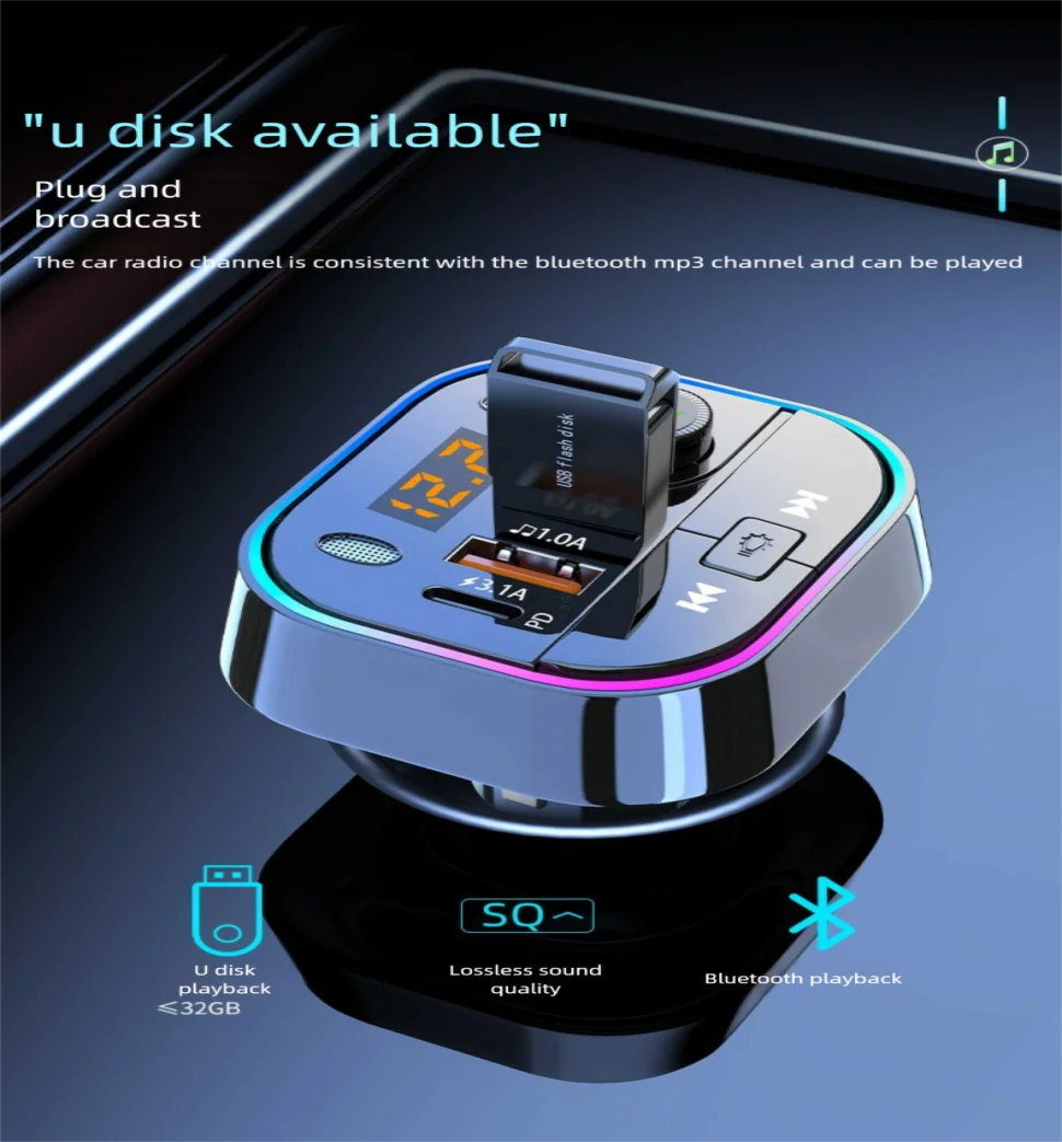 Bluetooth 5.0 Car FM Transmitter Car Bluetooth Receiver Ambient Hands-Free Mp3 Player Dual USB Fast Charger 5.0 Audio Adapter