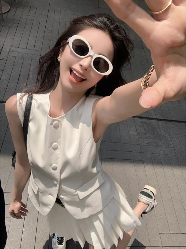 Womans Clothes for 2025 Two Piece Set Sleeveless Tunic Vest Coat High Waist Pleated Mini Skirts Outfits Chic Korean Summer Suit
