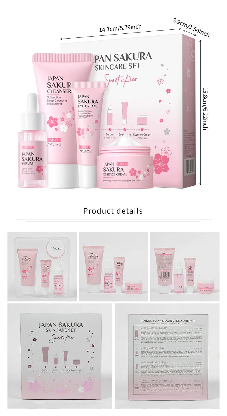 LAIKOU Sakura Skin Care Set Facial Cleanser Face Cream Essence Facial  Eye Cream Skincare Product 4pcs Kit