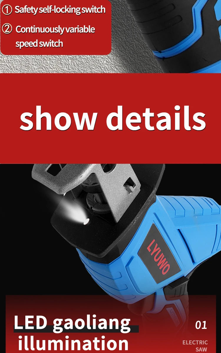 20V Rechargeable Reciprocating Saw Adjustable Speed Electric Saw Blade Saw Portable Wood Metal Cutting Chain Saw