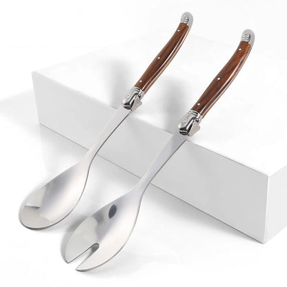 2pc/Set Stainless Steel Salad Spoons Laguiole Style Salad Stirring Spoon Slotted Spoon Wood Grain Plastic Salad Serving Utensils