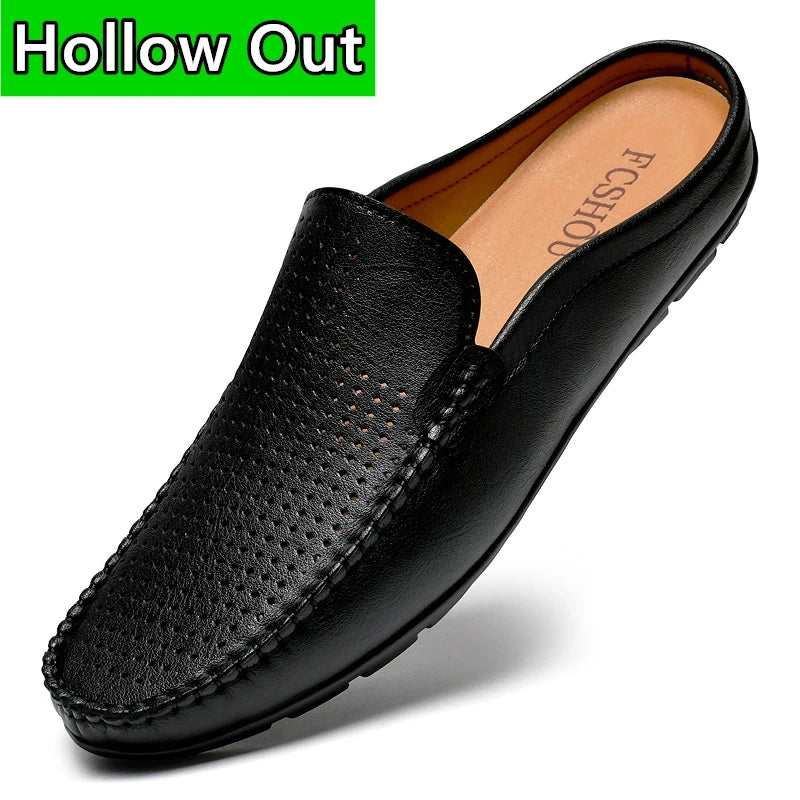 Closed Toe Half Shoes for Men Black Blue Mules Slippers Slip on Genuine Cowhide Leather Luxury Flat Sandals Man Summer 2025