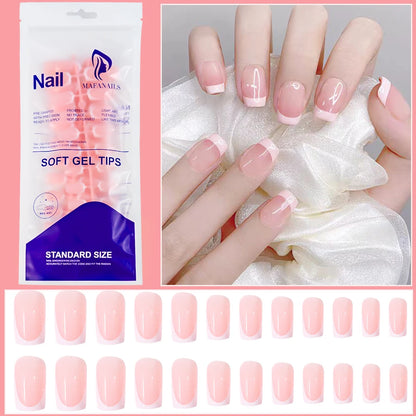 120Pcs=24*5 French Short Square Coffin False Nail White Pink Simple Wearable Fake Nails Glossy Full Cover Press on Nail Tips Art