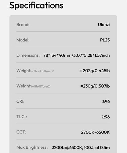 ULANZI PL25 25W LED Panel Light 2700K-6500K CRI 96+Type-C Fast Charging Studio Photography Light for Phone Camera Vlog Shooting