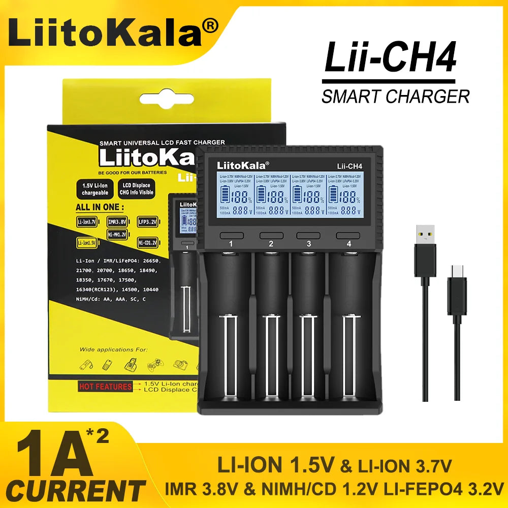 LiitoKala Lii-M4 Lii-CH4 18650 Charger LCD Display Universal Smart Charger Test Capacity 26650 18650 21700 AA AAA Battery 4slot