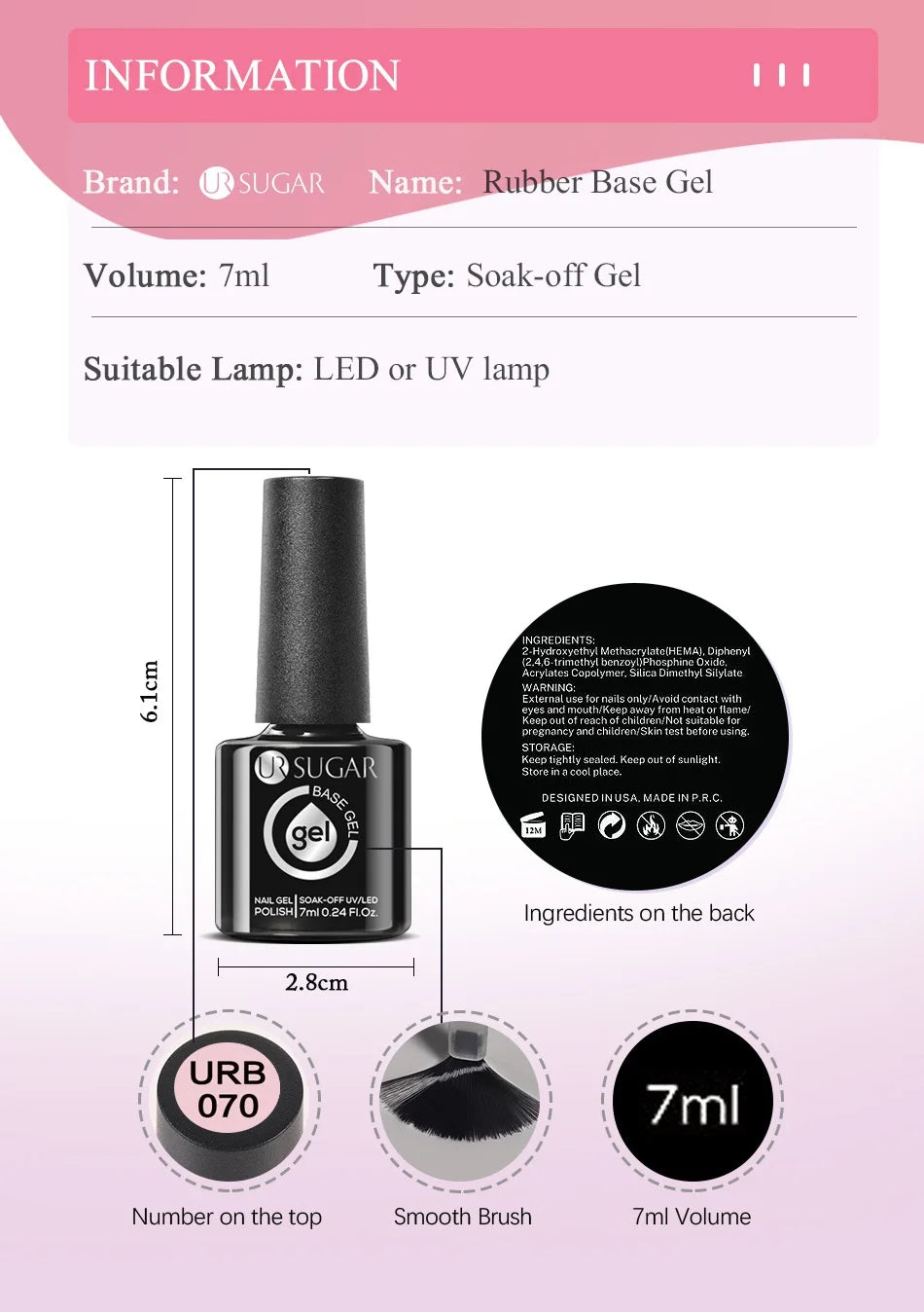 UR SUGAR 7ml Nude Crystal Rubber Base Gel Natural Color Semi Permanent Soak off UV LED Gel Nail Art Varnish