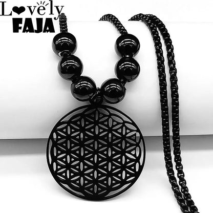 2023 Flower of Life Stainless Steel Mandala Metatron Necklaces Sacred Geometry Long Black Bead Necklace Jewerly flor de la vida