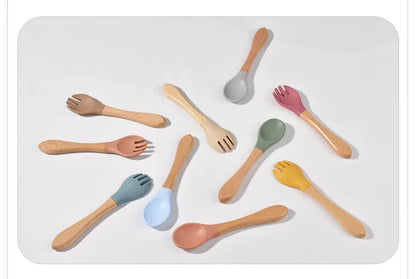 Baby Silicone Feeding Set with Wooden Handle Soft Training Spoon and Fork for Kids
