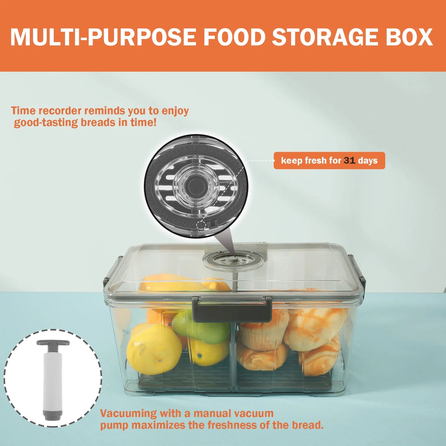 Bread Box Rectangular Airtight Bread Storage Container Bread Keeper Time Recording Bread Holder with Vacuum Pump for Kitchen New