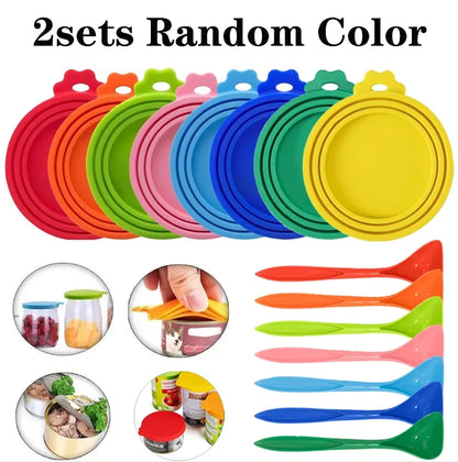 2sets Random Color Silicone Pet Can Lid Reusable Food Storage Keep Fresh Tin Cover Cats Dogs Food Health Supplies Lid and spoon