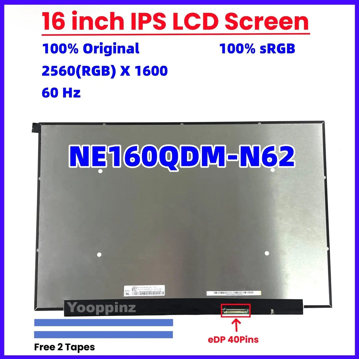 16.0 Inch NE160QDM-N62 V8.0 v8.1  40Pin 2560×1600 WQXGA LAPTOP LCD SCREEN MNG007DA1-2 MNG007DA1-3