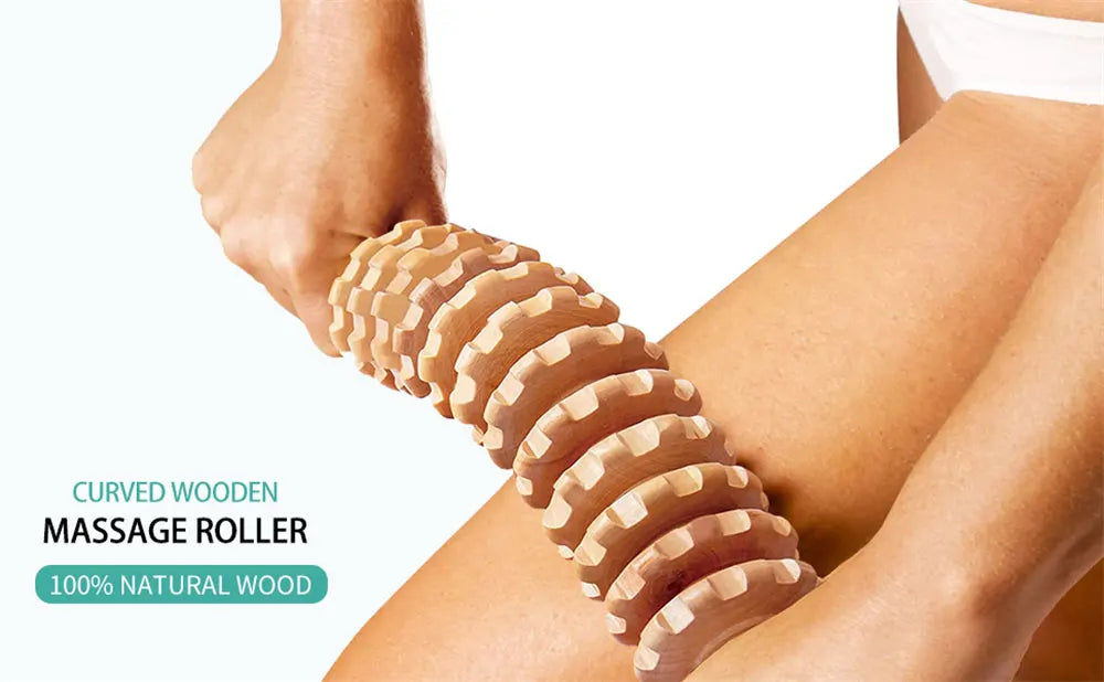 Natural Curved Wooden Massage Roller for Waist and Thigh, Multi-Functional Body Roller for Cellulite Reduction & Muscle Tension