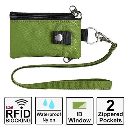 RFID Blocking Slim Wallet with ID Window, Waterproof Travel Card Holder, Protector with Keychain & Wrist Strap for Men Women