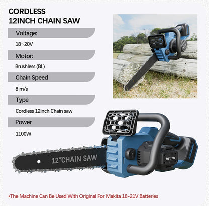 Electric Goddess 12inch Brushless Electric Chainsaw Cordless Portable Electric Saw Woodworking Tool For Makita 18V Battery Pin