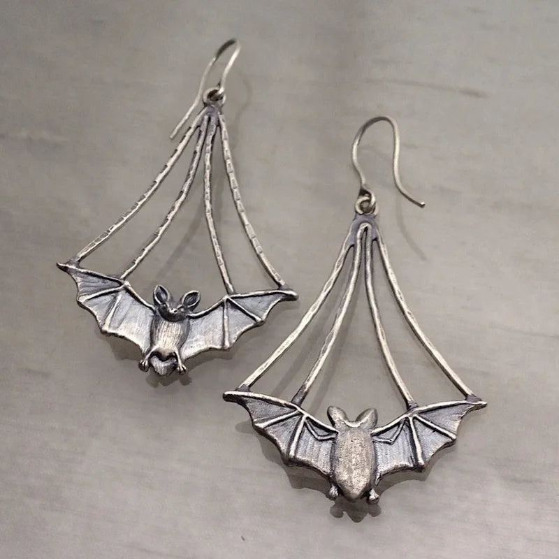 Vintage Metal Artisan Carved Bat Earrings Women's Simple Hip Hop Hook Drop Earrings