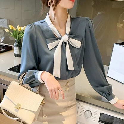 Elegant Office Blouses Women Chiffon Autumn Winter Korean Fashion Casual Streetwear Blusas Mujer Puff Sleeve Ladies Tops Shirts