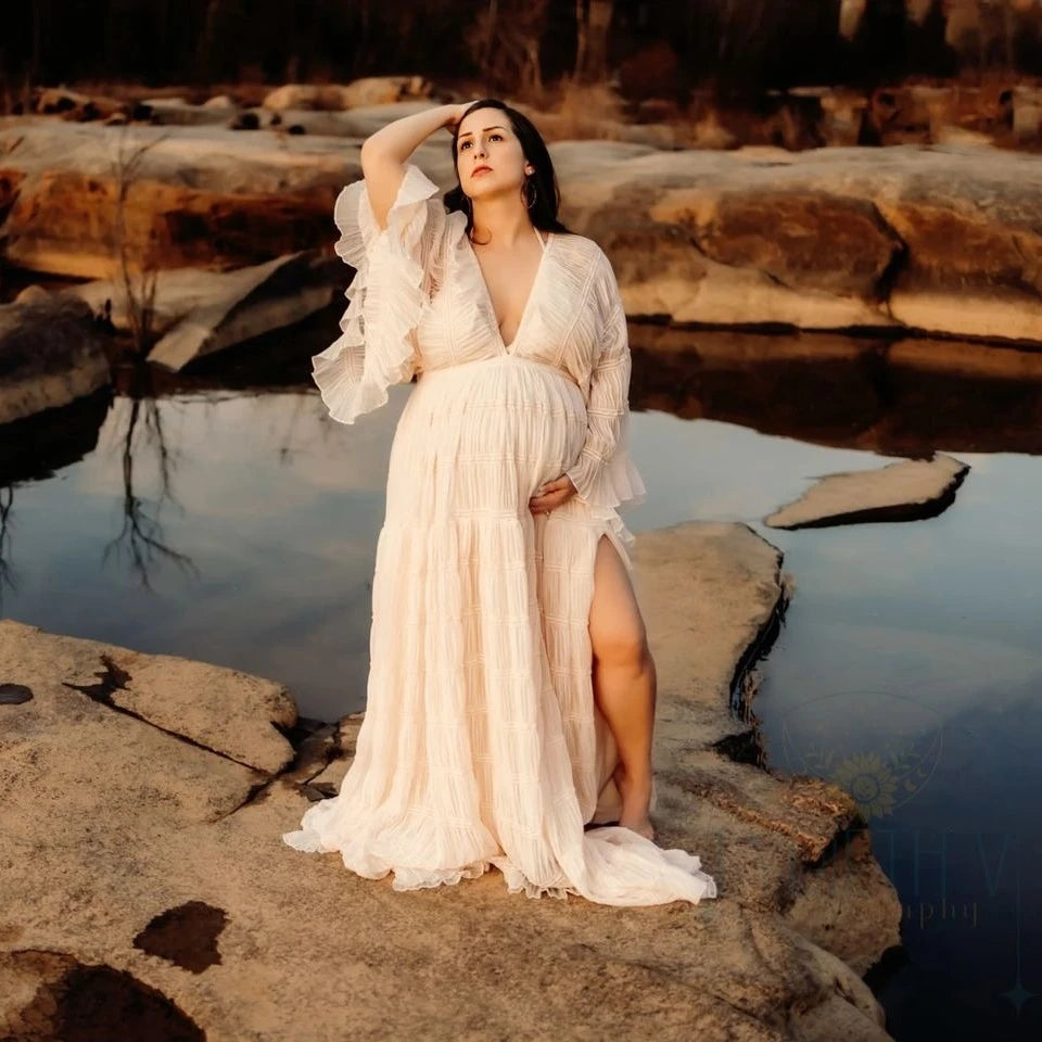 Pleat Chiffon Boho Style Maternity Photoshooting Dress Baby Shower Maxi Dresses Pregnant Woman Photo Props Dress