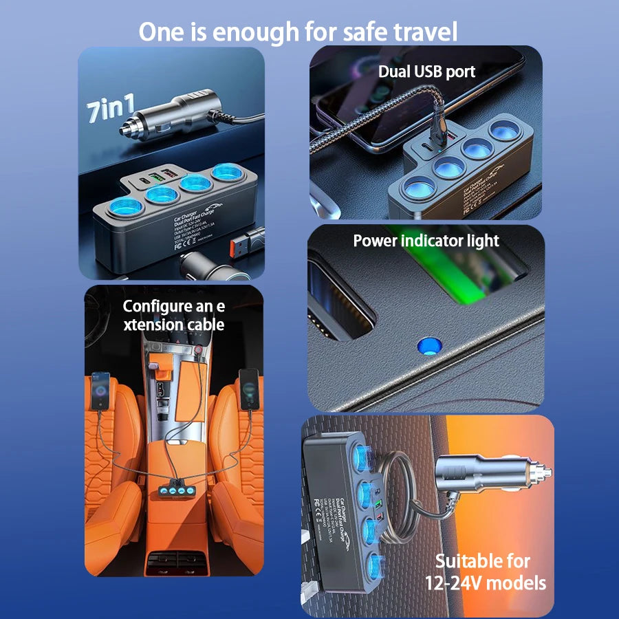 120W Multi-Function Charger USB/Type C Fast Charging Can Charge Multiple Devices At The Same Time, One Tow And Four Car Chargers