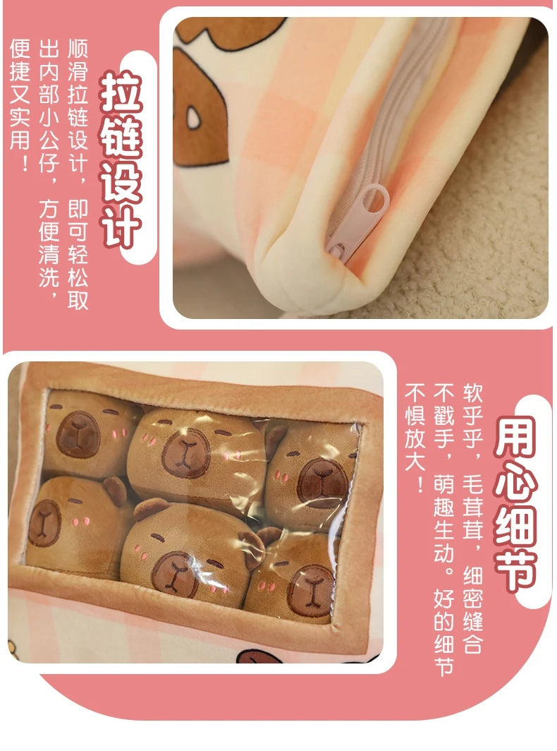 A Plushies Bag Pudding Toys Puff Balls Mini Cute Stuffed Animal Capybara Doll Removable Set Plush Pillow Snack Cushion Kids Gift