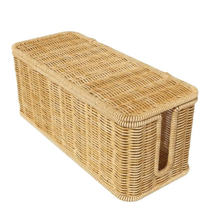 Handwoven Cable Management Box with Lid Hide Power Strip and Router Imitation Rattan Box 2 Open Slots Cord Organizer Hider Box