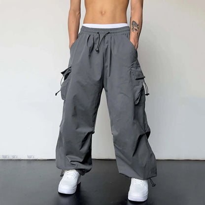 Mens Casual Sports Cargo Pants Woven Pocket Foot Rope Street Tie Solid Pants Mens Multi-Pockets Cargo Pants Pantalones Hombre