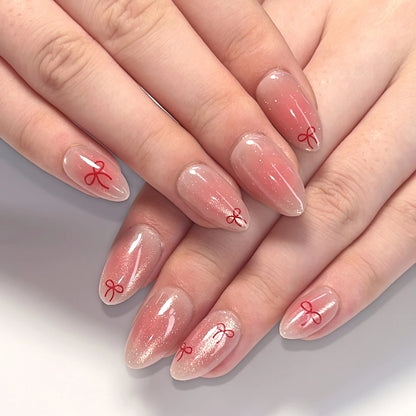 White French Short Press on Nails 3D Bowknot Designs Nude Color Fake Nails Artificial False Nails Tips for Woman DIY Manicure