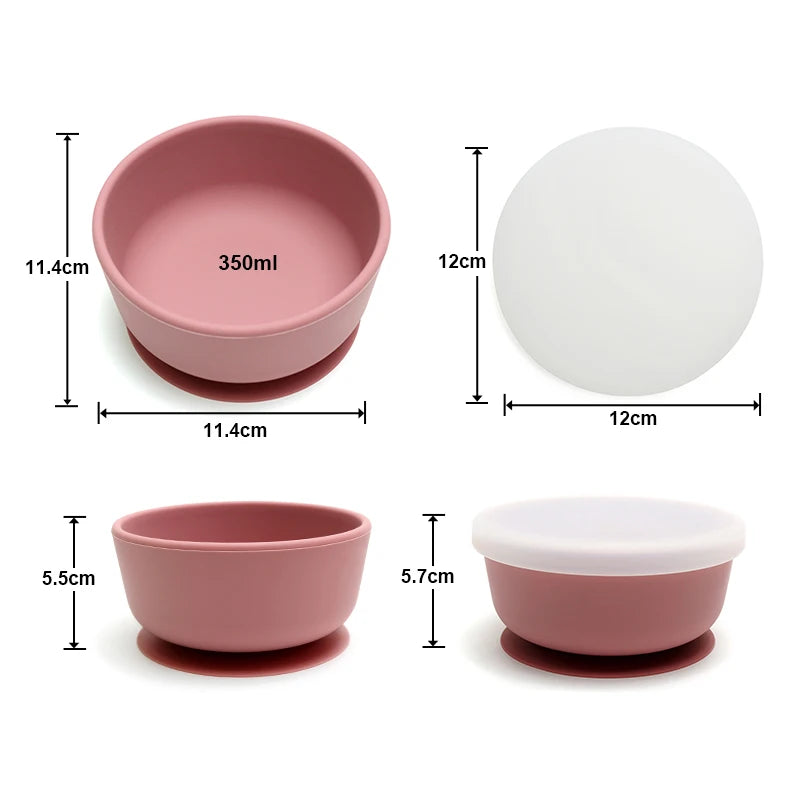Food Grade Silicone Baby Feeding Bowls with Lid Anti-fall Strong Suction Dining Bowl for Toddler Kid Training Tableware BPA Free