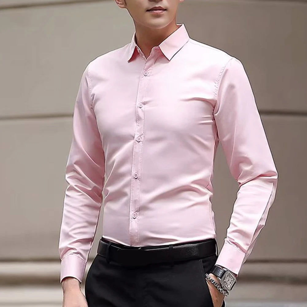 New Men\'s Long Sleeve Drill Button Shirts Tight Business Formal Social Wrinkle Lapel Casual Solid Simple Fashion Male T-shirts