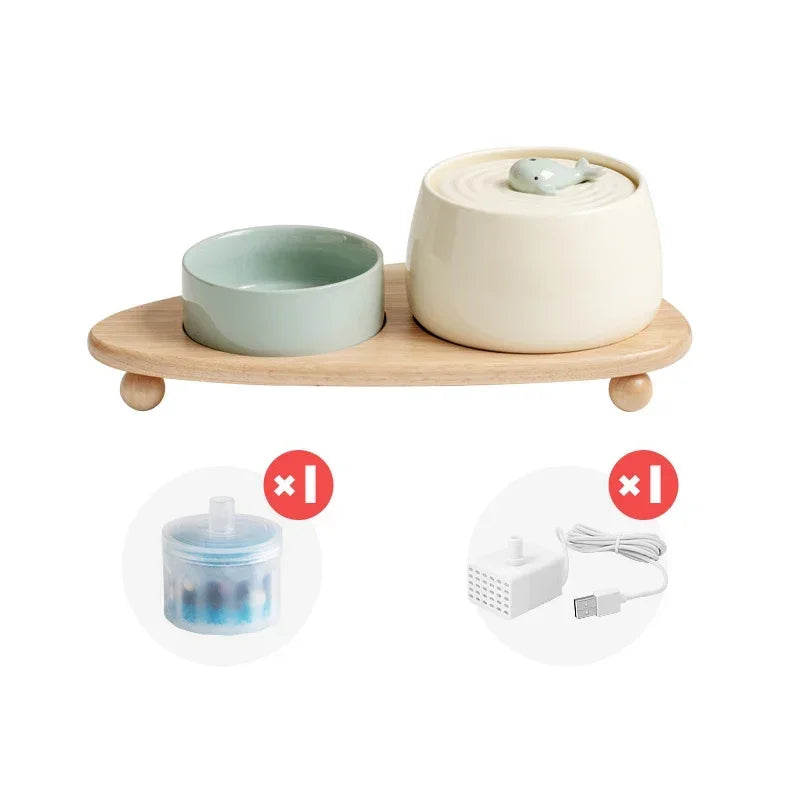 1.3L Ceramic Cat Fountains for Drinking, Anti-burn Cat Water bowl with 1 wooden mat USB Automatic Water Dispenser for Cats