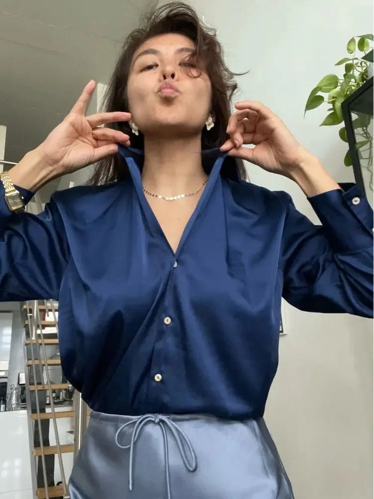 Office Wear Women Shirts Satin Blouse Luxury Pink Long Sleeve Formal Shirts Female Button Silk Tops For Women Elegant All-Match