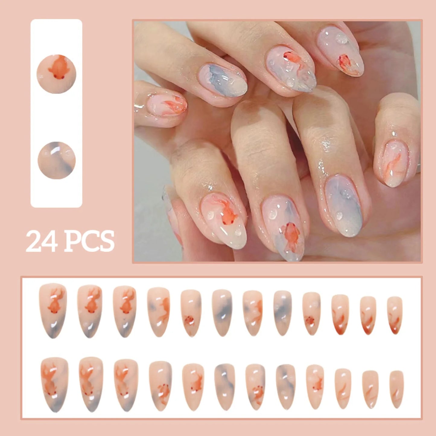 24pcs White Flower Fake Nail Tips Ins Yellow Pink Blush False Nails Wearable Full Cover European Almond Shaped Press on Nails